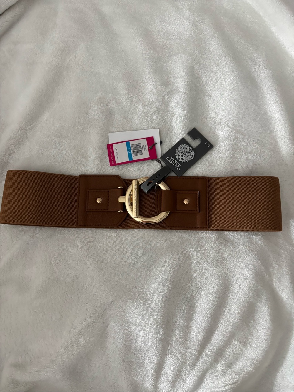 Vince Camuto Tan Wide Elastic Belt with Gold Ring Buckle